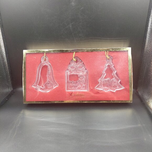 Vintage Set of 3 Gorham Clear Lead Crystal Glass Ornaments Bell Gift Tree w/Box - Picture 1 of 7